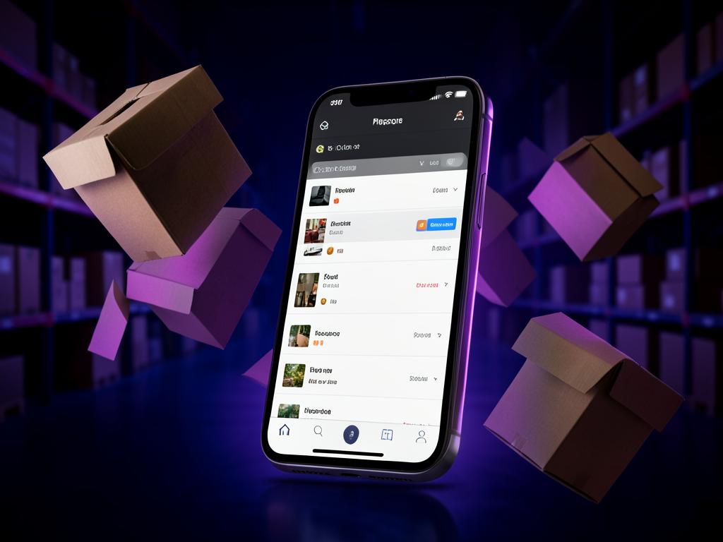 Celular con lista de pedidos de una tienda online rodeado de paquetes