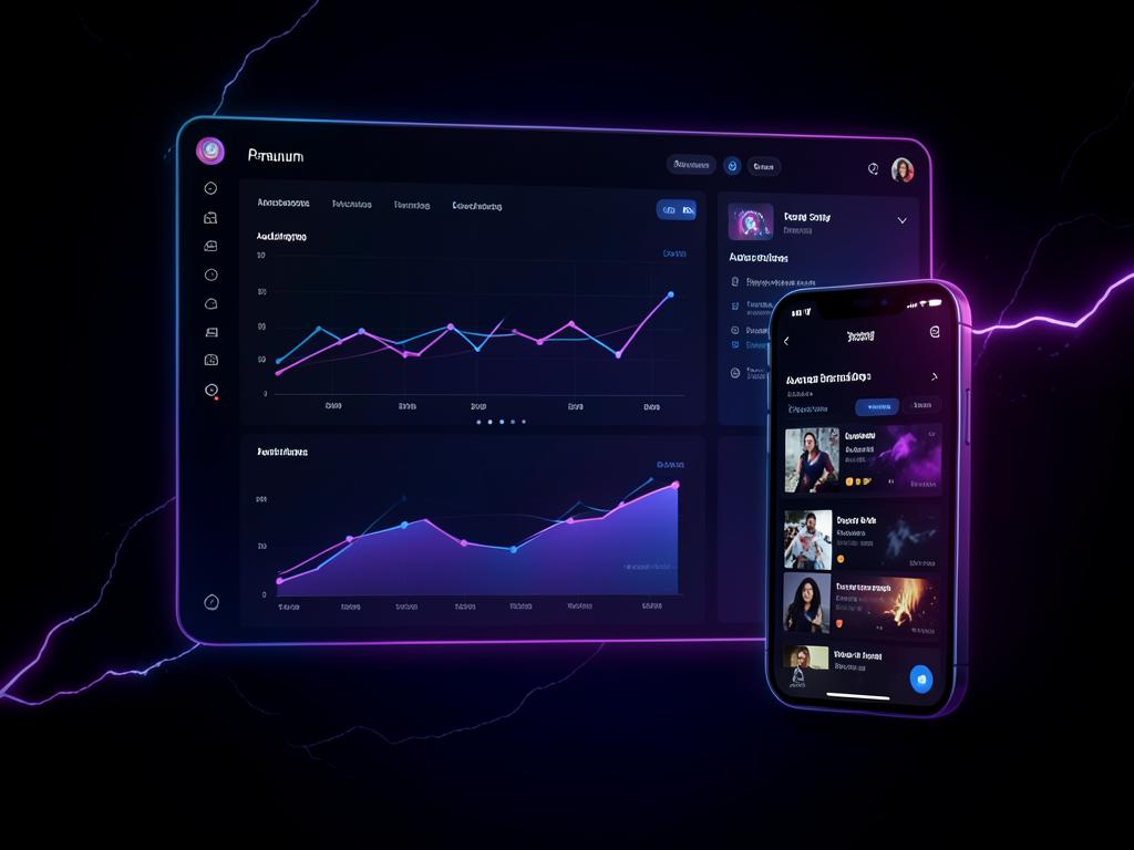 Panel de administración de anuncios con gráficos de rendimiento y vista previa en celular